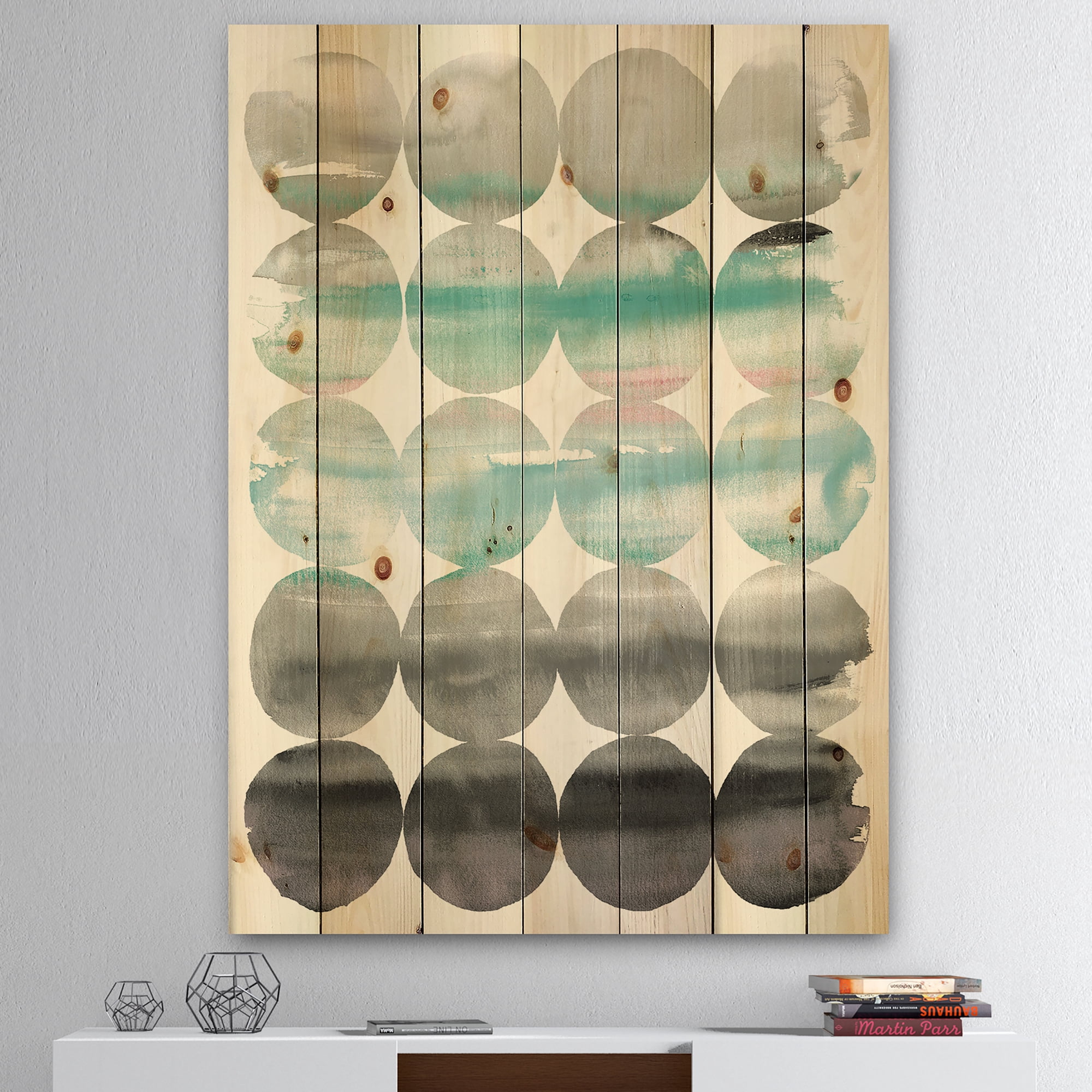 Designart 'geometric Neutral Glue Circles' Transitional Print on Natural Pine Wood