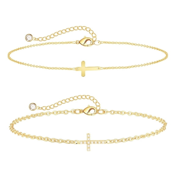GOSFRY 14k Gold Plated Layered Bracelets Cross Link Bracelets Cubic Zirconia Lightweight Chain Bracelet Minimalist Jewelry Gift
