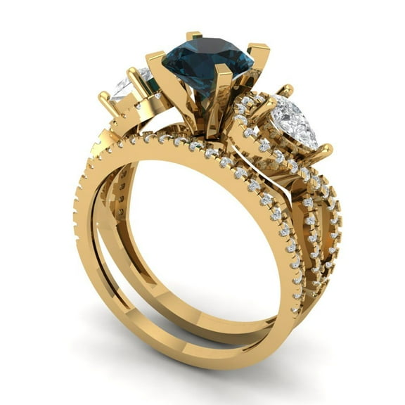 Clara Pucci 14K Yellow Gold Round Cut 1Ct Natural London Blue Topaz Engagement Ring   Matching Band - Luxury Box Included