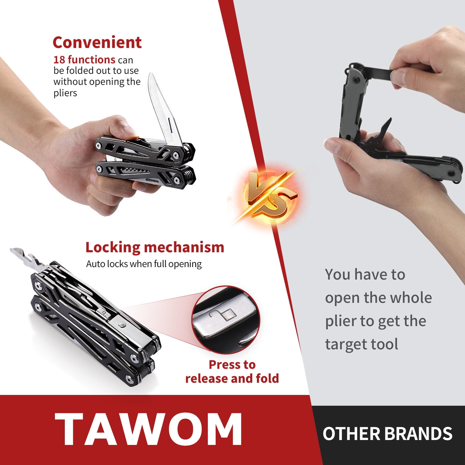 TAWOM 21-in-1 Multitools Pocket Knife, Multi-Function Pliers, Self-Locking EDC Survival Gear with Pouch for Camping, Outdoor , Father's Day Gift for Men, Dad, Him, Gray