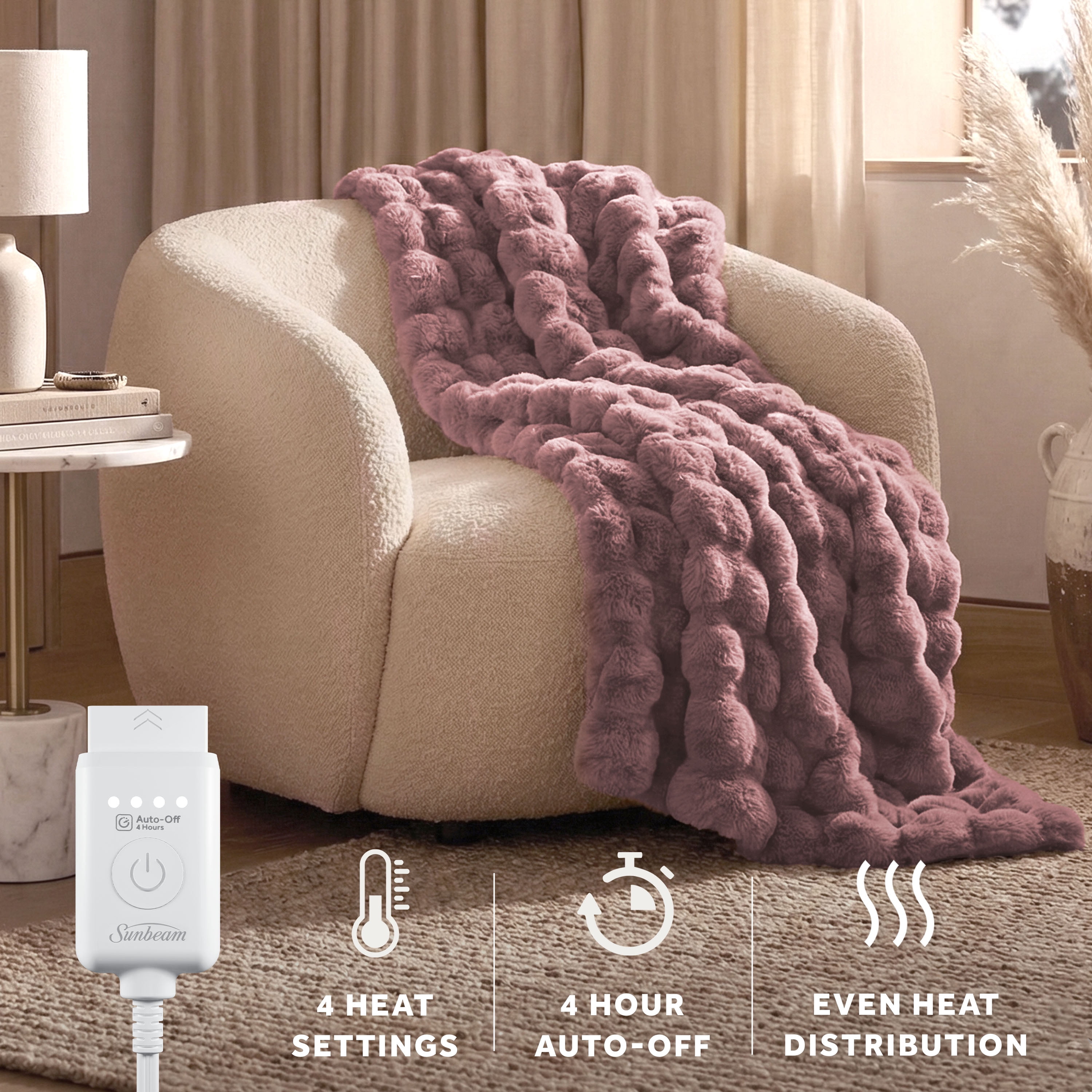 Sunbeam Heated Electric Bubble Faux Fur Throw Blanket, Luxury Collection, Violet, 4 Heat Settings, 50 x 70 in