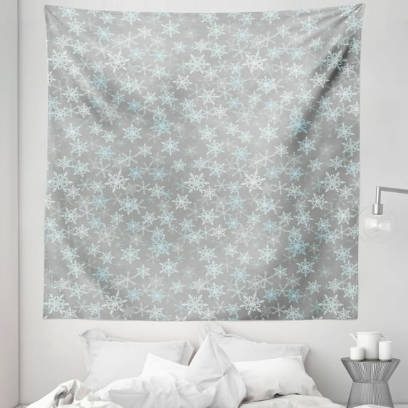 Winter Tapestry, Cold Frosty Air Neutral Toned Snowflakes Season Christmas Illustration, Fabric Wall Hanging Decor for Bedroom Living Room Dorm, 5 Sizes, Pale Grey and Pale Blue, by Ambesonne