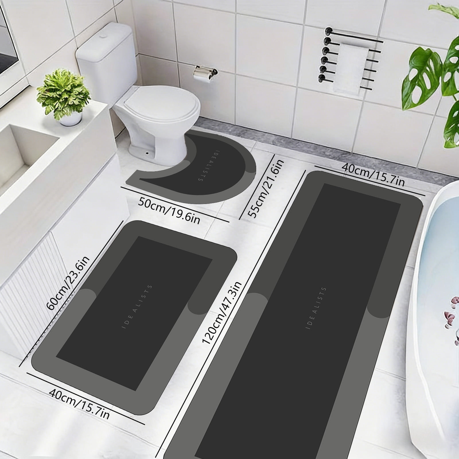 AuroraX Stone Bathroom Rug Set 3 Piece with Black Absorbent Non Slip Rubber-Backed Diatomaceous Earth Bath Mat Long Rug Runner U-Shaped Toilet Rug Washable Quick Dry Bath Rug Set for Bathtub,Shower