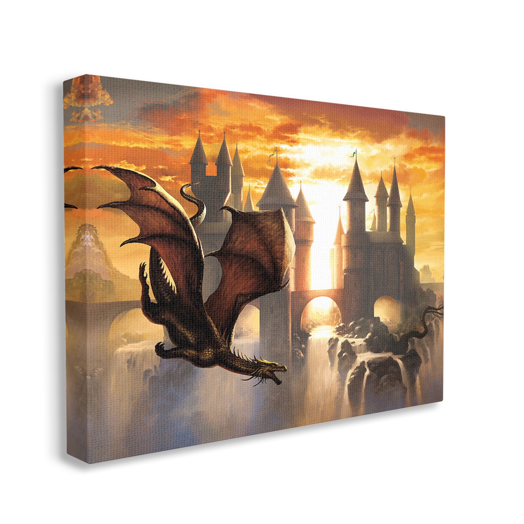 Stupell Industries Dragon & Castle Waterfall Fairy Tales & Fantasy Painting Gallery Wrapped Canvas Art Print Wall Art, 40 x 30