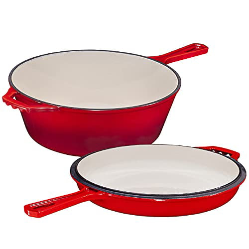 Enameled 2 in 1 Cast Iron Multi-Cooker Dutch Oven & Convertible Skillet Lid Red 