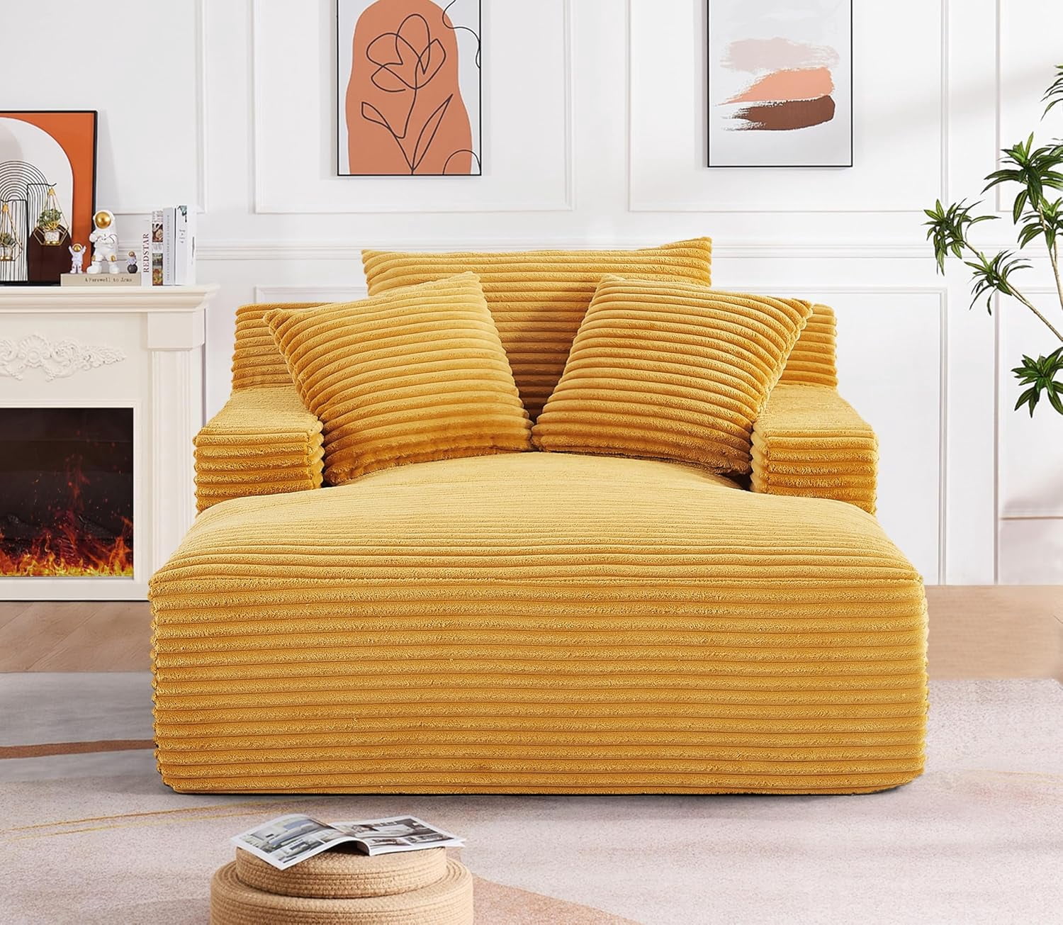 US Pride Furniture Oversized Cozy Corduroy, Foam Comfy Couch with 3 Throw Pillows, No Assembly Sleeper Sofabed for Living Room or Bedroom,Gold