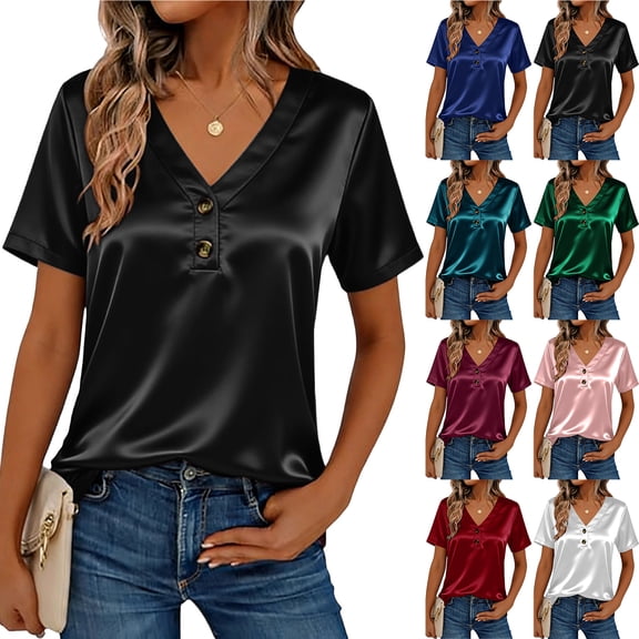 Otntypg Women Silk Satin Tops Elegant Summer Short Sleeve Blouse Dressy Casual Button V Neck Shirts Business Work Tunic T-Shirt Blouses Mint Green XXL