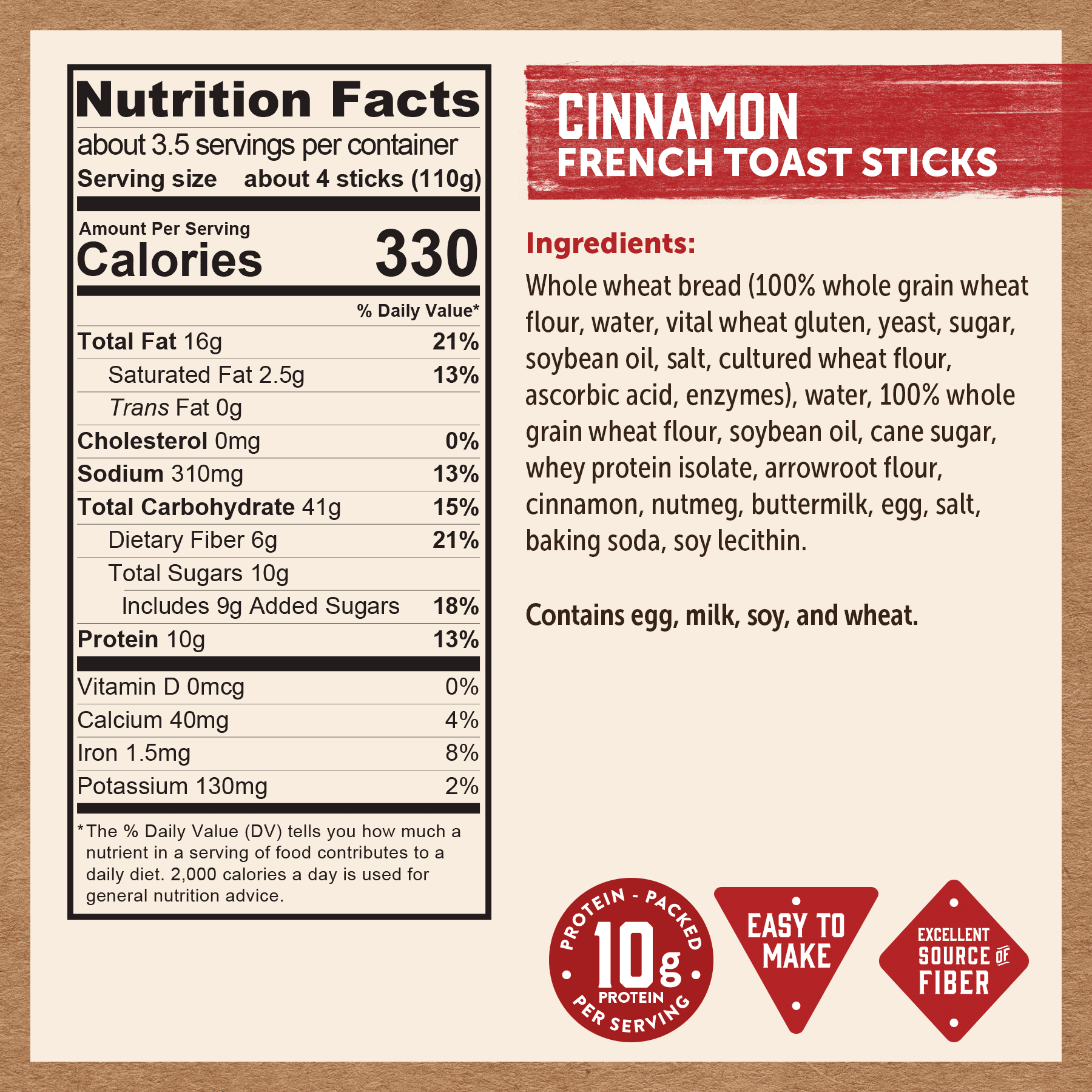 Kodiak Protein-Packed Cinnamon French Toast Sticks, 14.5 oz Box (Frozen)