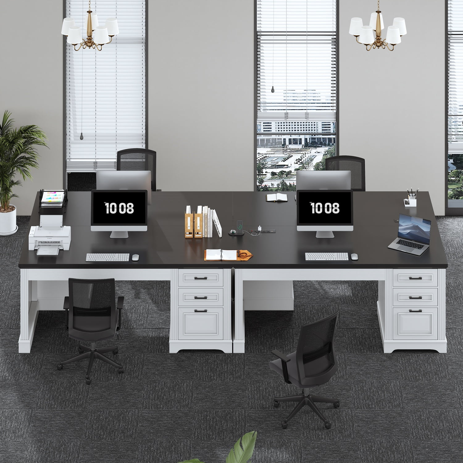 55" Executive Desk with Power Outlets and Storage, Wood Computer Desk with 2 Drawers & 1 File Drawer for Home Office, Large PC Workstation Farmhouse Office Desk, White