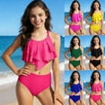 thumbnail image 2 of Vhkiploz Summer Bikini Suits for Girls Solid Color Ruffled Hem Tops with High Waist Short Swimwear Beach Vacation Pool 2 Piece Swimsuits 7-14 Years Teenager, 2 of 7