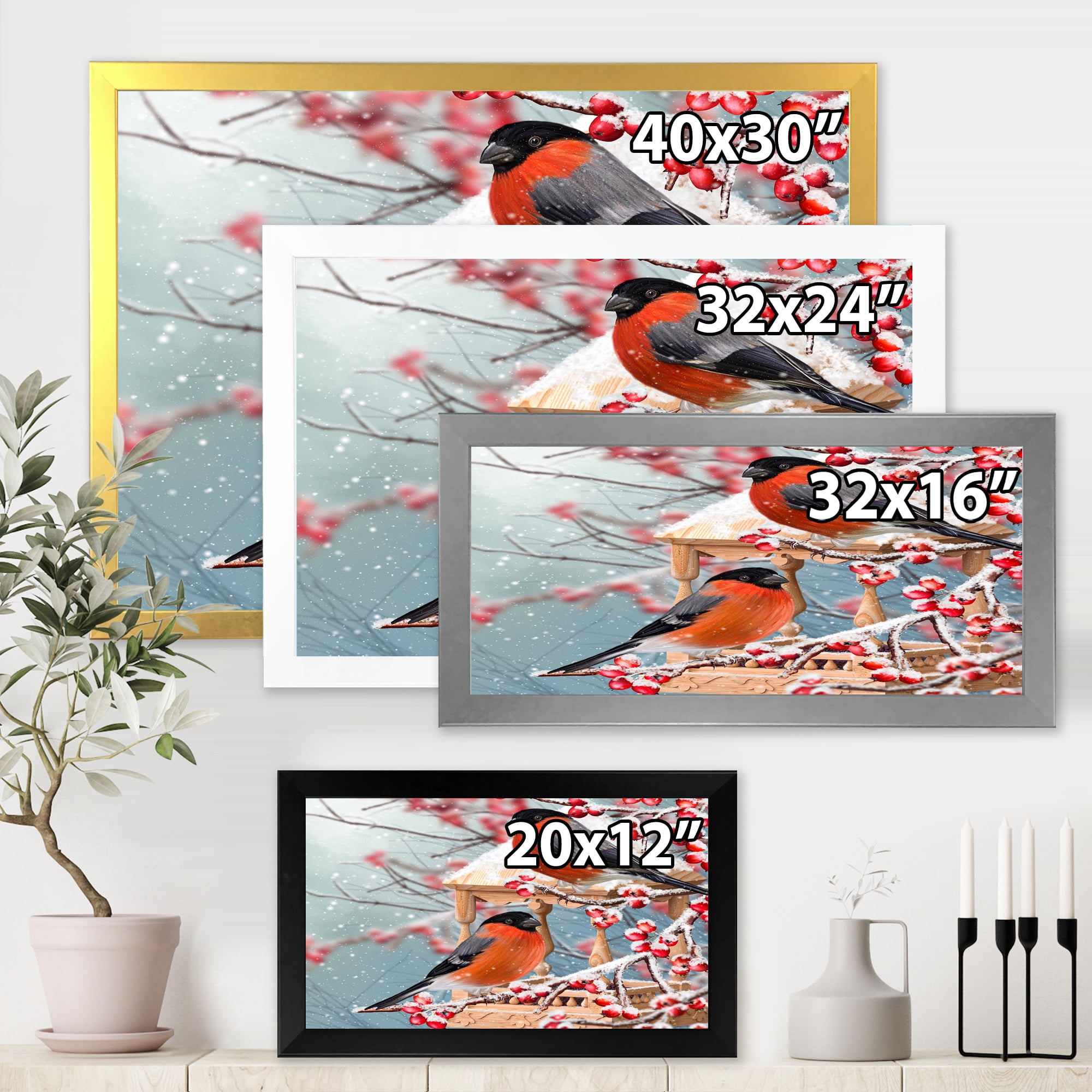 Designart 'Two Tits Sit On A Snow-Covered Berries Branch ' Traditional Framed Art Print