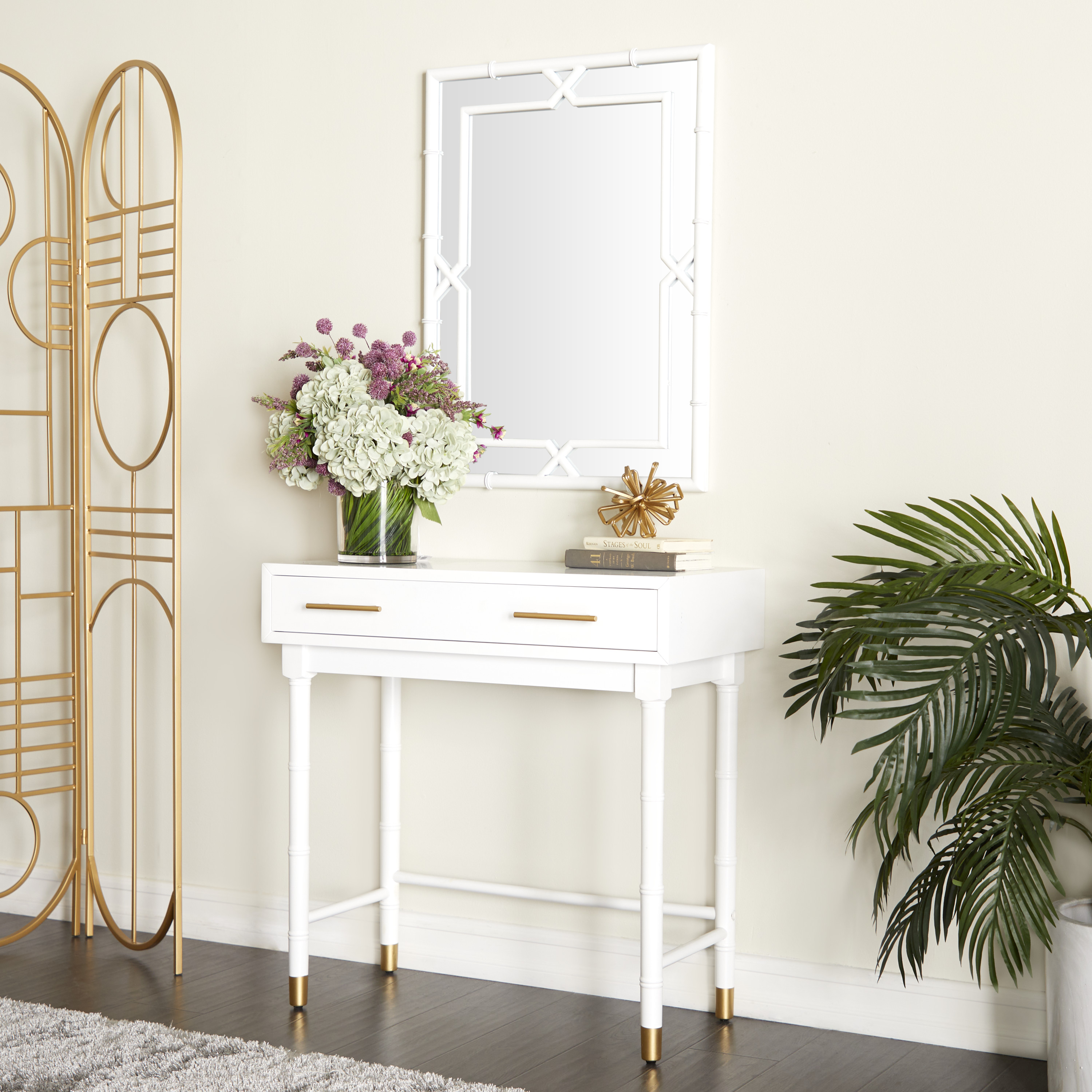 DecMode 31" x 31" White Wood Single Drawer Console Table with Mirror, 2-Pieces
