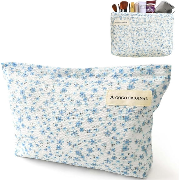 CEYAZYE Beauty Makeup Bag Cotton Quilted Floral Pattern Makeup Bag Everyday Use Cosmetic Bag for Travel Gift for Girls,Yellow/Blue/Pink