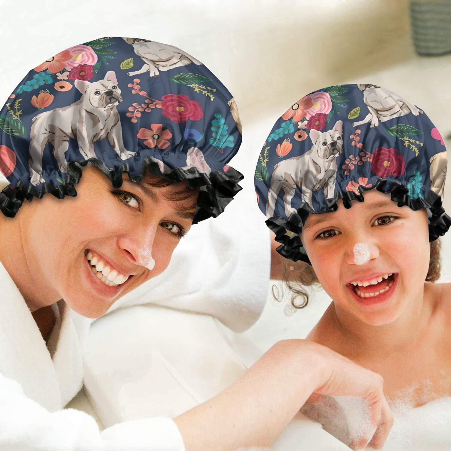 Shower Caps,French Bulldog Dog and Pioneer Flower Waterproof Shower Cap for Women 4 Pieces,Double Reusable Hair Cover for Shower PEVA Elastic Stretch Hem