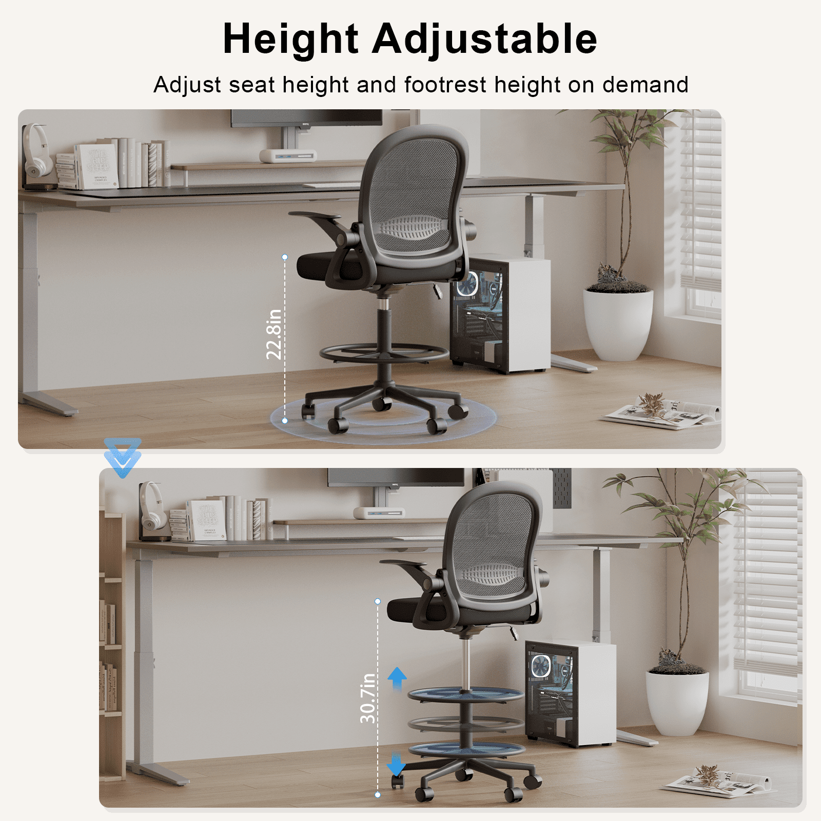 Dryfeedo Drafting Chair, Ergonomic Tall Office Chair with Adjustable Flip-Up Armrests and Footrest, Black