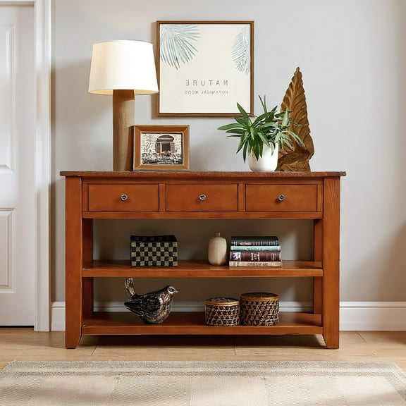 Resenkos 48'' Solid Pine Wood Top Console Table, Modern Entryway Sofa Side Table with 3 Storage Drawers and 2 Shelves, Brown