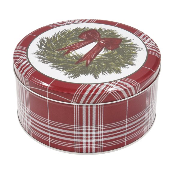 Holiday Time Boîte cadeau ronde en métal avec couvercle, motif écossais rouge et blanc, grande taille