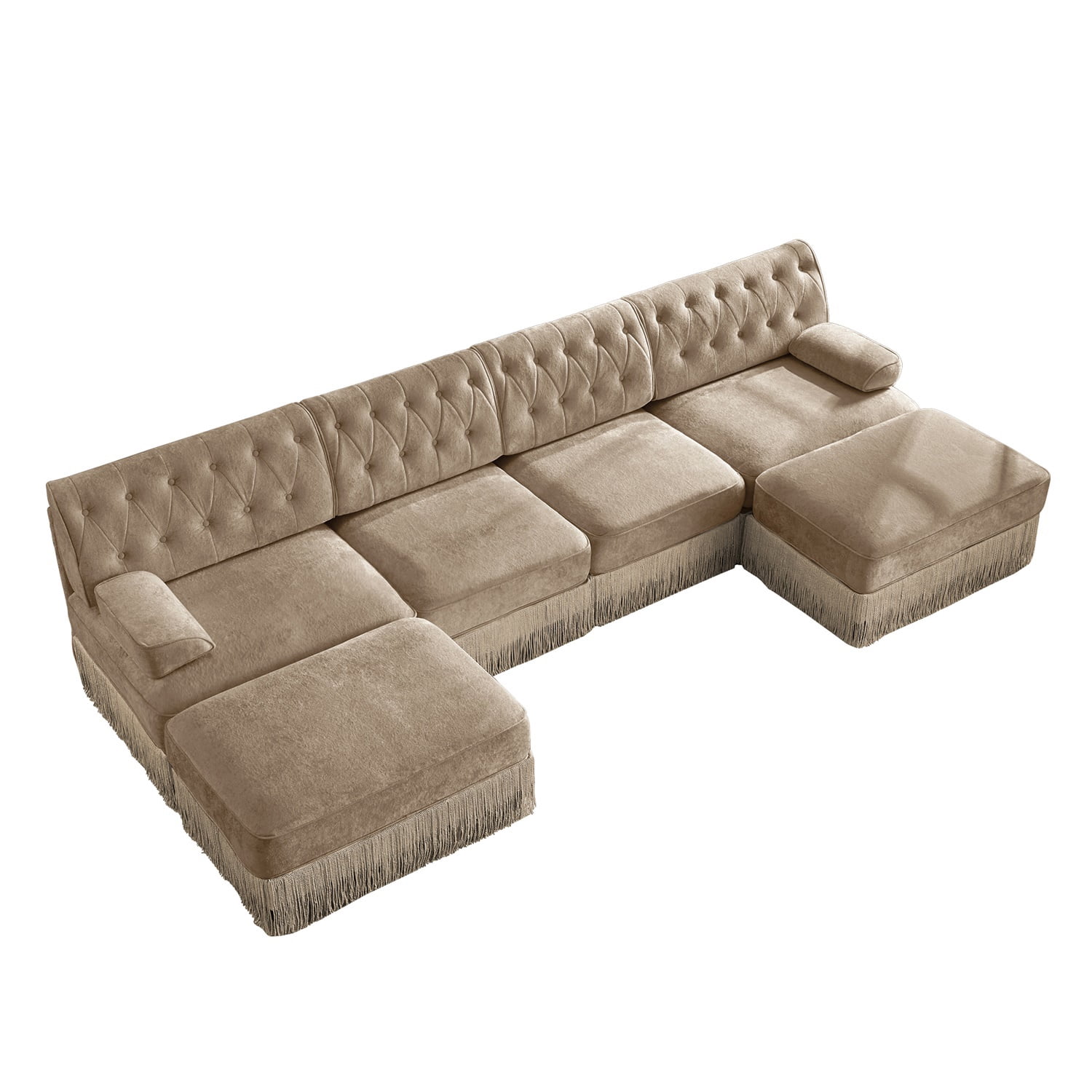 Hommoo 4-Seater Chesterfield Style Velvet Fabric U-Shaped Sectional Sofa with 2 Ottomans, Tufted Button Upholstered Design and Floor-grazing Tassel, Free Combination Sofa Couch Set, for Home, Camel