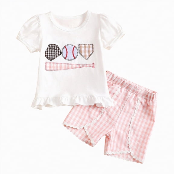NOLDARES Baby Girl Summer Outfit Short Sleeve Embroidery Plaid baseball Print T-shirt Toddler Girl Summer Clothes Short Set(A1-Pink,6-12 Months)