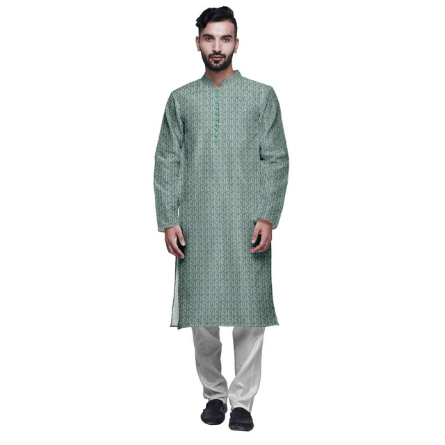 Atasi Kurta Imprimé pour Homme et Ensemble de Pyjama Churidar Blanc Col Mandarin Tenue Ethnique