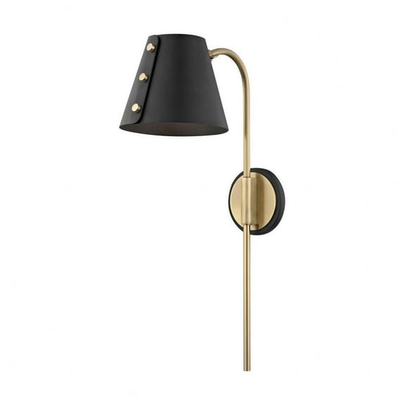 -4W 1 Led Wall Sconce with Plug in Style-6.75 inches Wide By 22 inches High-Aged Brass Black Finish-Black Shade Color Bailey Street Home