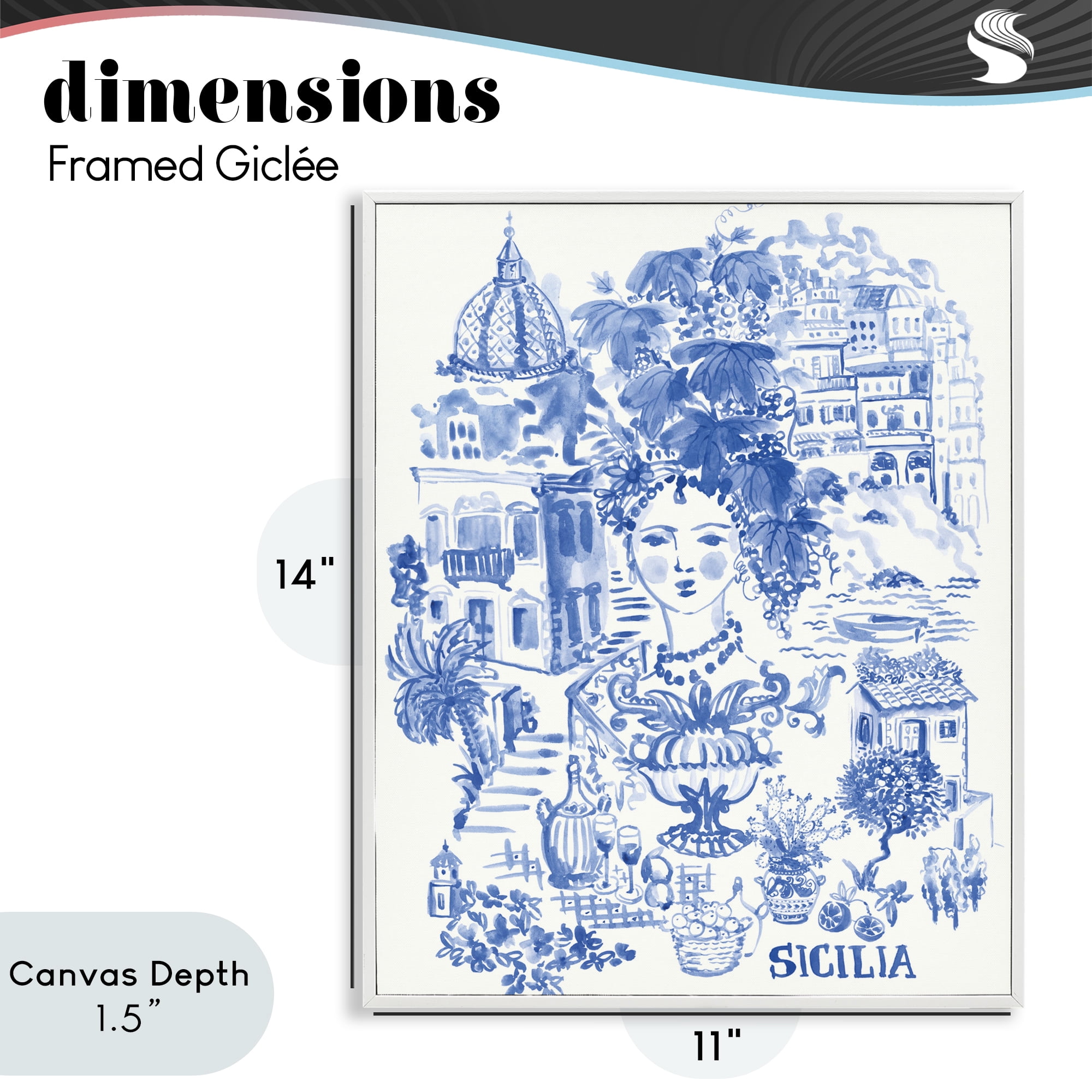 Stupell Industries Sicilia City In Blue White Framed Giclee Art, design by Karolina Sato
