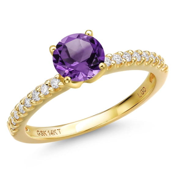 Gem Stone King 14K Yellow Gold Purple Amethyst and Lab Grown Diamond Engagement Ring for Women | 1.16 Cttw | Round 6MM | Gemstone February Birthstone | Size 6