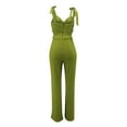 thumbnail image 3 of Jumpsuit for Women Elegant Tie Knot Shoulder Smocked Waist Ribbed Jumper Dressy Hollow Front Straight Leg Party Outfits, Green, M, 3 of 4