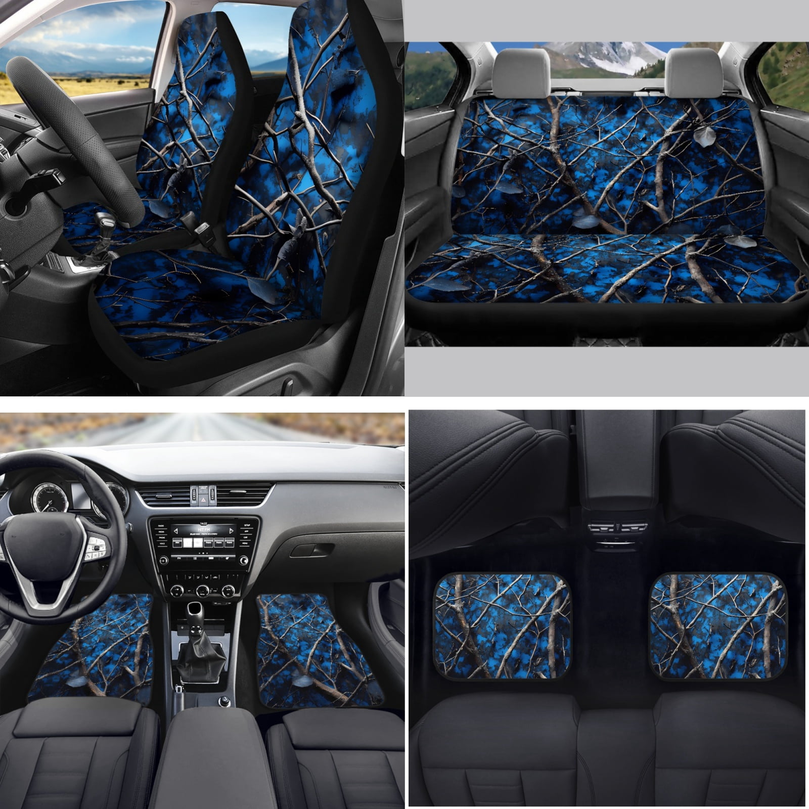 Yuyamidu Camo Hunting Car Seat Cover Full Set with Car Floor Mats Blue Wood Steering Wheel Cover Seatbelt Cover Cup Coasters Handbrake Sets 15 Pack Automobile Accessory for Woman Men
