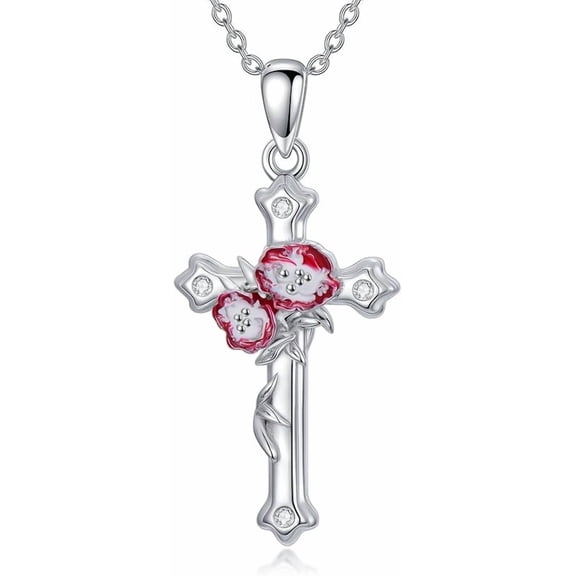 THOYAS Flower Cross Necklace for Women with Diamonds 925 Sterling Silver 12 Month Birth Flower Necklace Mother's Day Birthday Jewelry Gift