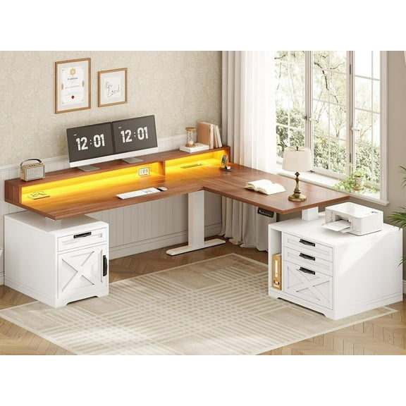 Farmhouse Standing Desk with Storage, Elegant Stand Up Home Office Desk with Power Outlets, Drawers & Cabinet, Height Adjustable Computer Desk with Monitor Stand, 70.1" × 55.1" Large Desktop, White