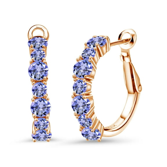 Gem Stone King 18K Rose Gold Plated Silver Blue Tanzanite Hoop Earrings for Women (3.30 Cttw, Gemstone December Birthstone, Round 4MM and 3MM)