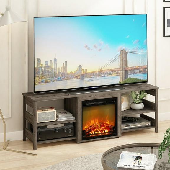 Furinno CLASSIC Fireplace TV Stand for TV up to 70" in Grey Oak