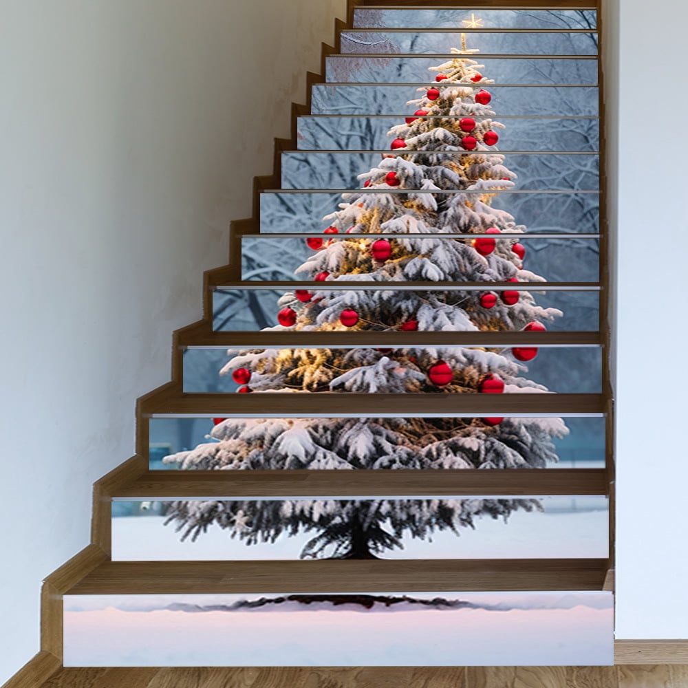 Self-Adhesive Stair Decals, Christmas Decoration Stair Stickers Decals Peel and Stick Vinyl Stair Risers Stickers for Steps, Xmas Tree DIY Home Decorations, 39.4'' W X 7.1'' H
