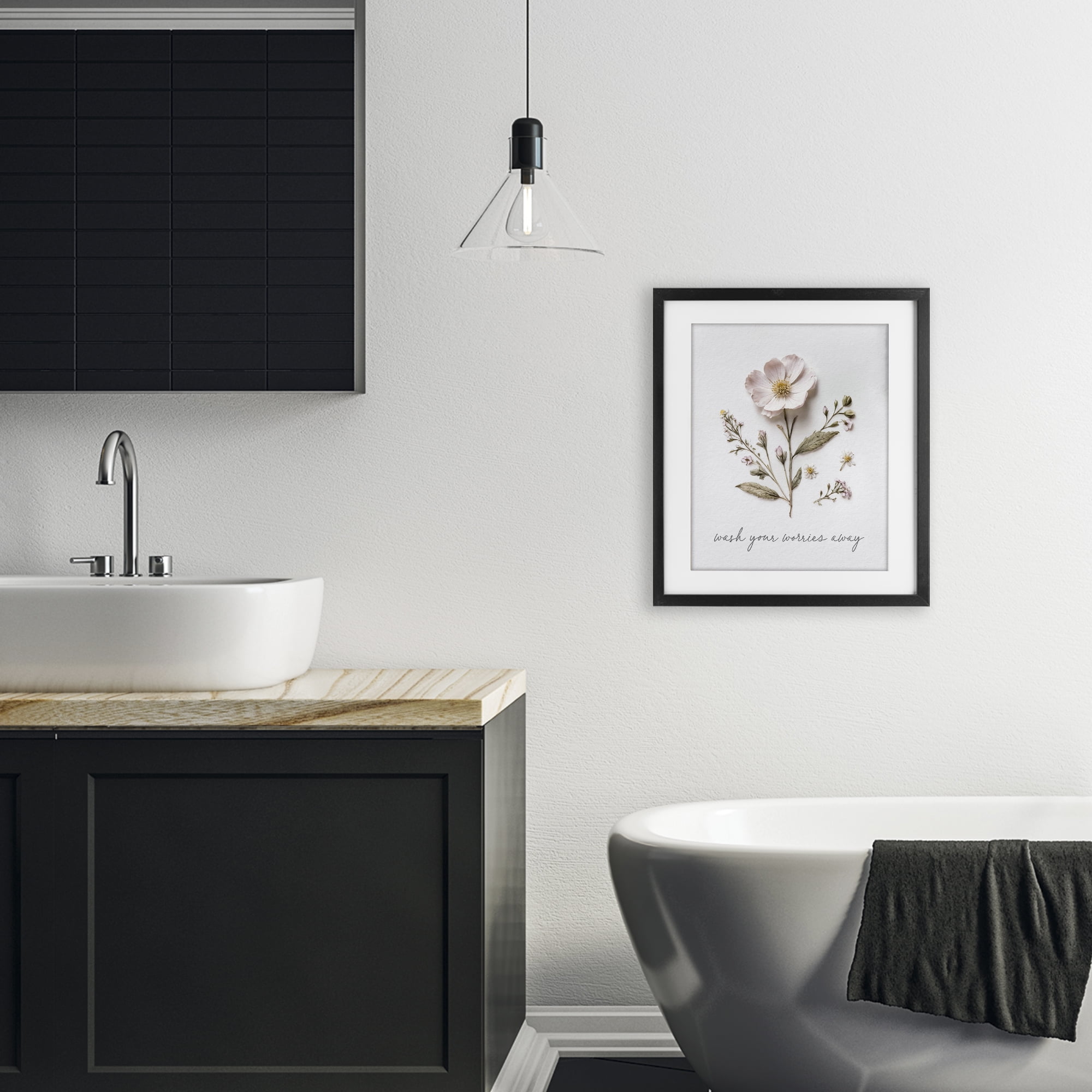 Pressed Flower Wash Worries Away Black Framed Print Under Glass, design by Lettered and Lined