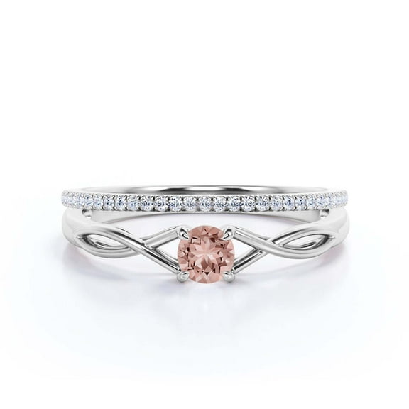 Infinity Loop Minimalist 1.00 Carat Round Cut Morganite Engagement Ring, Twisted Wedding Band in10k Solid White Gold, Promise Ring, Anniversary Gift, Bridal Set, Matching Band