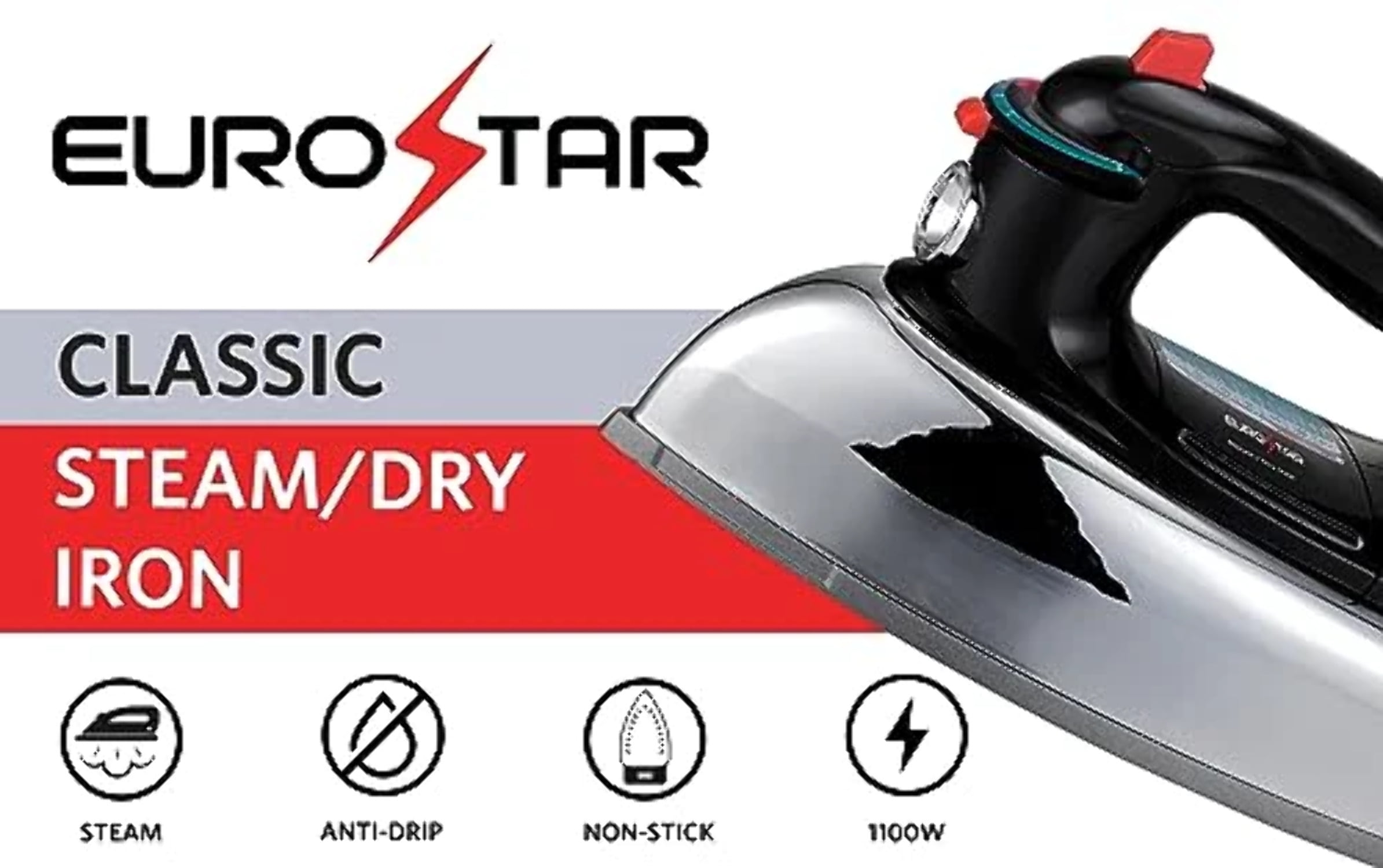 EUROSTAR IR900CL Classic Steam/Dry Anti-Drip Iron, Black