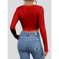 thumbnail image 2 of Long Sleeve Crop Tops for Women Ribbed Square Neck Slim Fitted Casual Lady Fashion Top Red XS, 2 of 6