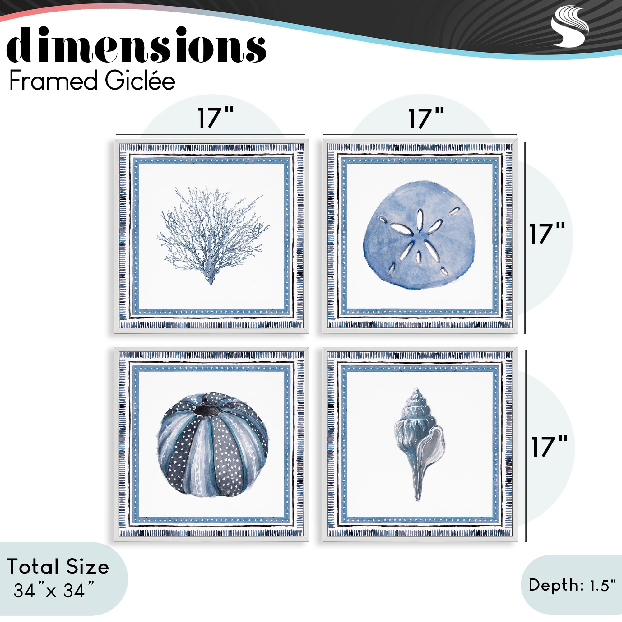 Stupell Industries Coastal Teal Bordered Coral 4 Piece White Framed Giclee Art Set, design by Lanie Loreth