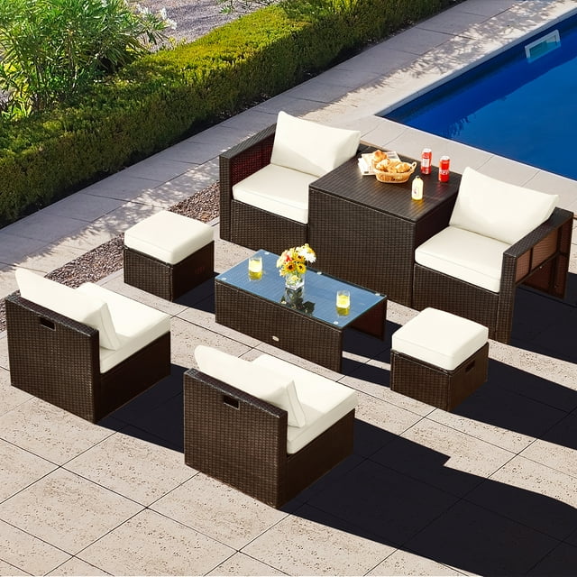 Gymax 8PCS Patio Rattan PE Wicker Conversation Set All-Weather Furniture Set w/ Cushions Off White