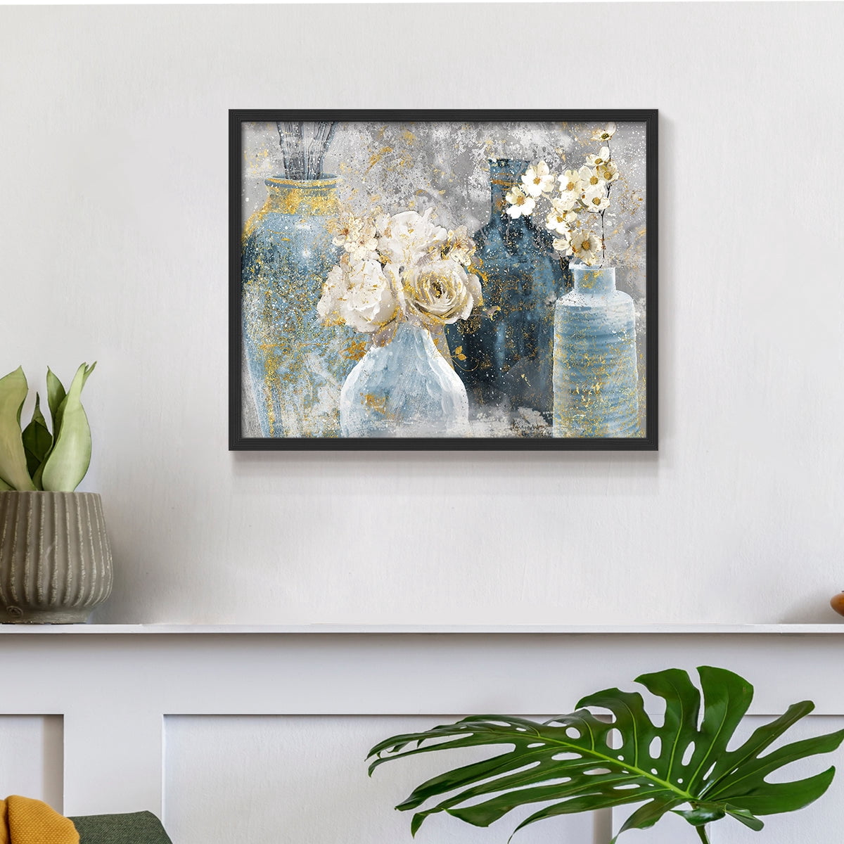 Vessels and Blooms Blues by Nan - Restickable Framed Giclée Print