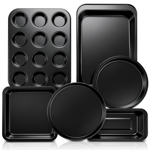 TINANA Nonstick Bakeware Set 6 Pcs, Stackable Carbon Steel Baking Pan Set for Cookies, Brownies, Bread, Cupcakes & Roasting, Oven Safe, Black