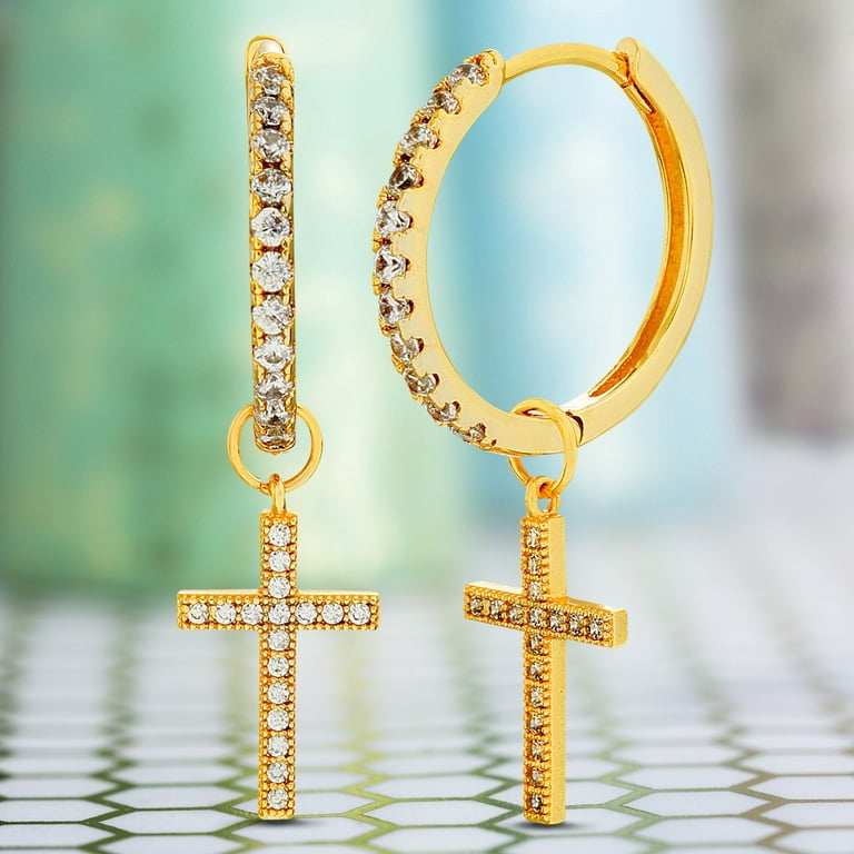 18k Gold Plated Cross Huggie Hoop Earrings For Women – 35mm Yellow Gold Hoops With 925 Silver Pins