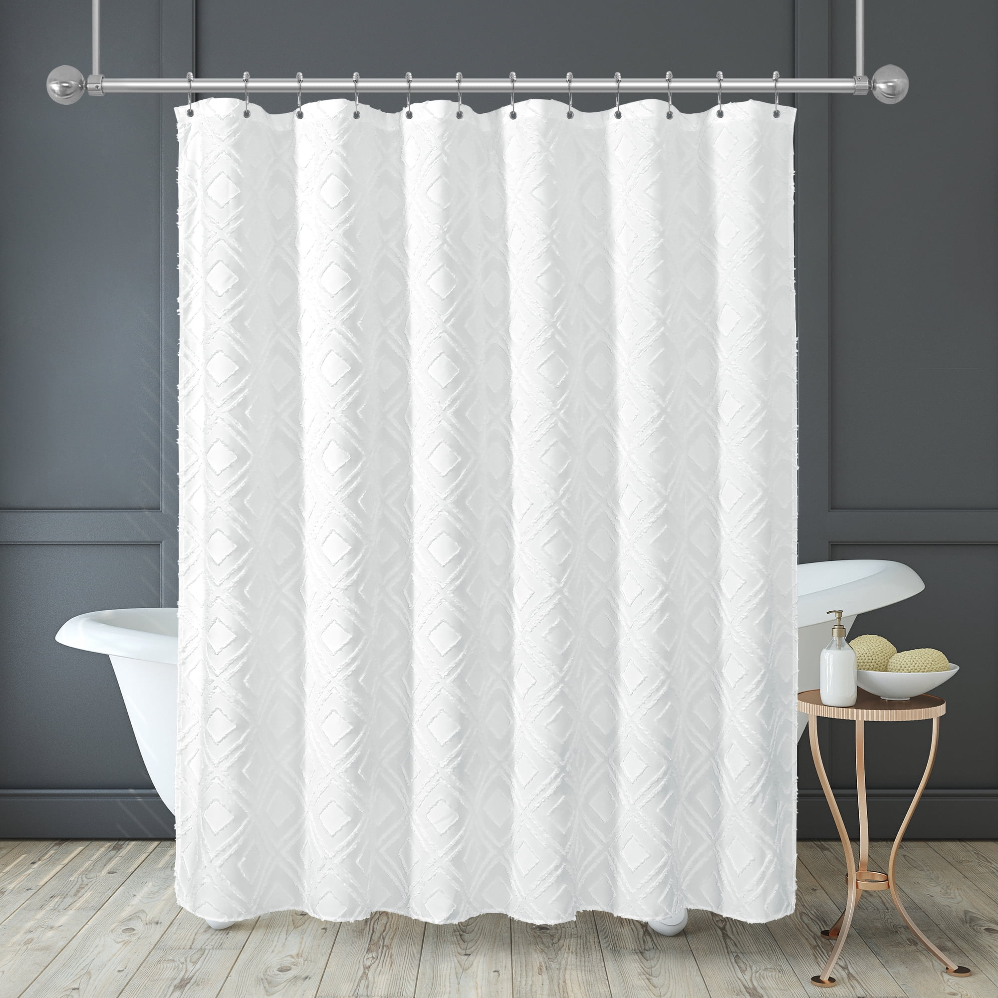 Americanflat 71x71 White Woven Shower Curtain with Tassel And Diamond Accents - Includes 12 Grommets and Hooks - 100% Polyester