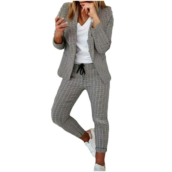 Women's Suit 2 Piece Slim Fit Blazer Set,Office Work Trouser Suits Set Womens Wedding Elegant Business Outfit Ladies Button Open Front Blazer and Straight Leg Pencil Trousers Suits