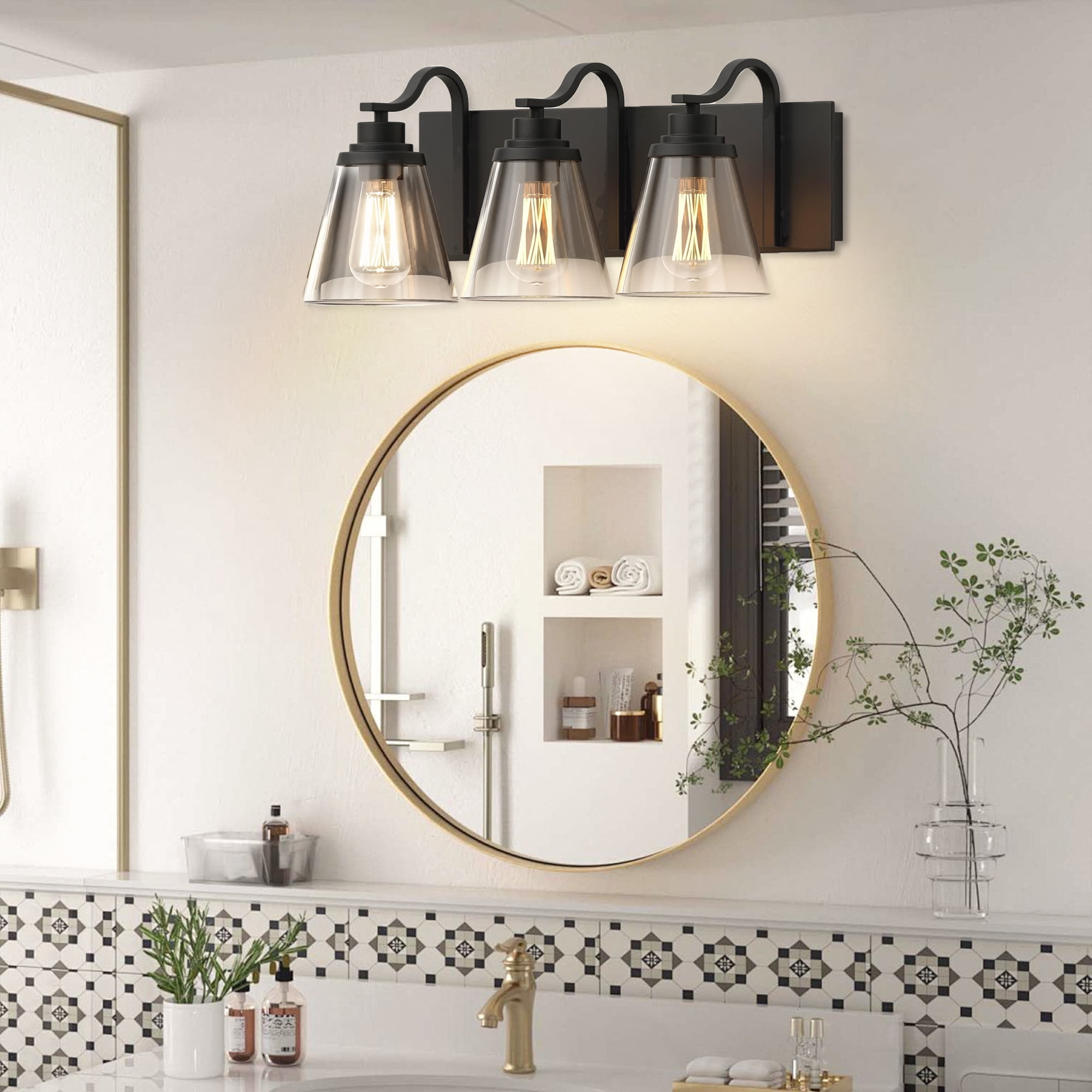 GCGAFUL 21.4" 3-Light Bathroom Vanity Light, Modern Black Vanity Light Fixtures Over Mirror with Clear Glass, Farmhouse Makeup Light for Salon Decor