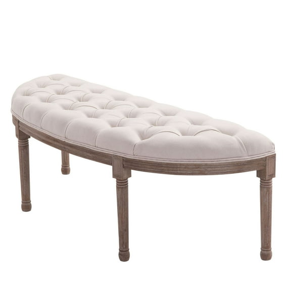 Semi-Circle Hallway Bench, Velvet Tufted Entryway Bench with Rubberwood Legs, Cream White, French Style Accent Seat for Entryway, Bedroom, 56"
