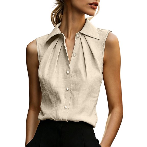 Women's Cotton Pleated Collared Tank Top Summer Trendy Button Down Sleeveless Blouses Elegant Work Office Tops Beige