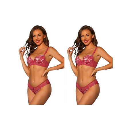 Allegra K Women s Push Up Lingerie Set Adjustable Straps Lace Bras and Panties 2 Packs