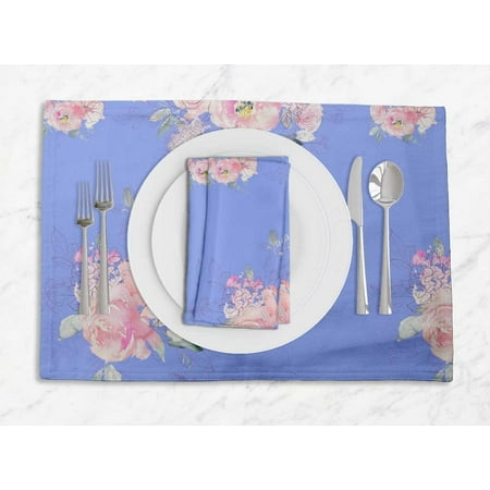 

S4Sassy Blue Rose & Ranunculus Floral Everyday Washable Placemats With Napkins Dining Table Decor